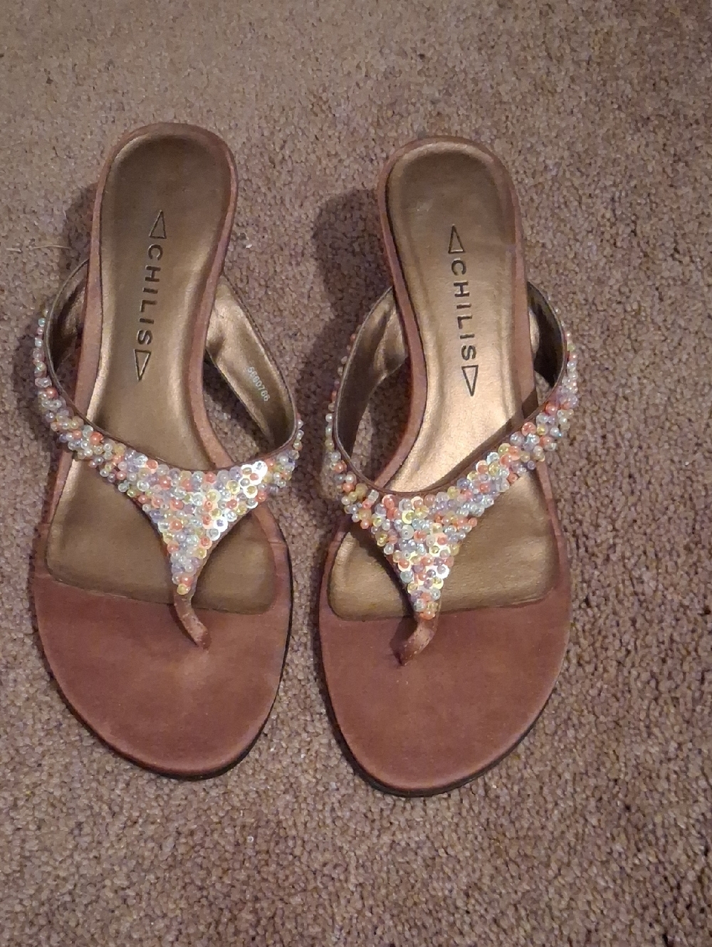 Chilis Embellished Brown Sequin Thong Sandals - Women's